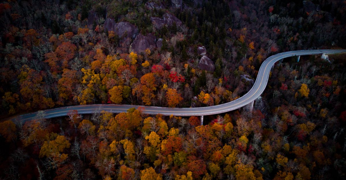 Stunning aerial view of a winding road surrounded by vibrant autumn foliage in Boone, NC.