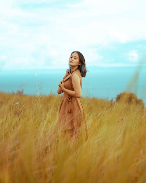 Woman in Brown Dress Standing on Brown Grass Field