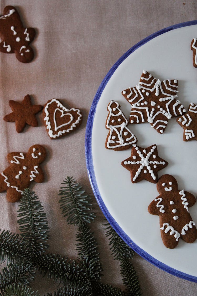 Decorated Gingerbread Cookies On Plate