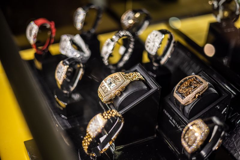 Gold and diamond watches in a jewelry store