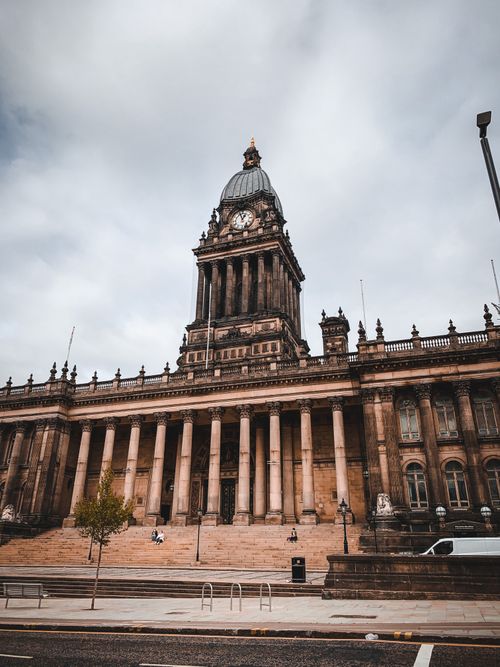 Free Impressive view of Leeds Town Hall with its iconic clock tower and architecture. Stock Photo