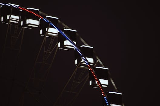 Close-up of a brightly lit Ferris wheel against the night sky in Paris, France.