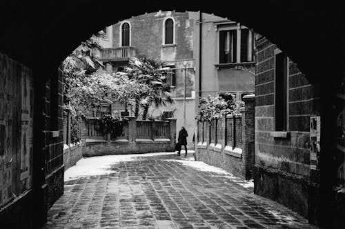 Grayscale Photo of Person Walking on the Street