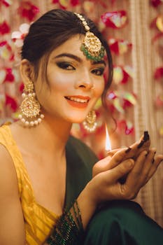 A smiling Indian woman holding a candle during a Diwali celebration, surrounded by decorative elements.