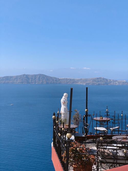 Free Expansive view of the Aegean Sea from a terrace in Santorini, Greece. Stock Photo