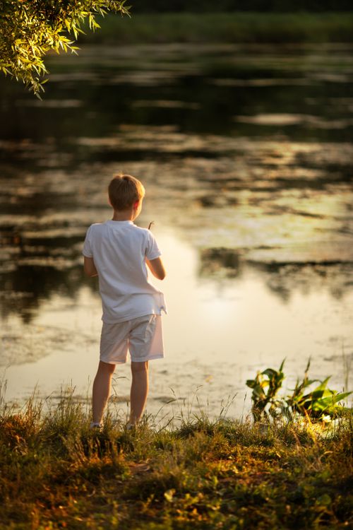 Free A young boy stands by a calm lake, soaking in the serene summer atmosphere. Stock Photo