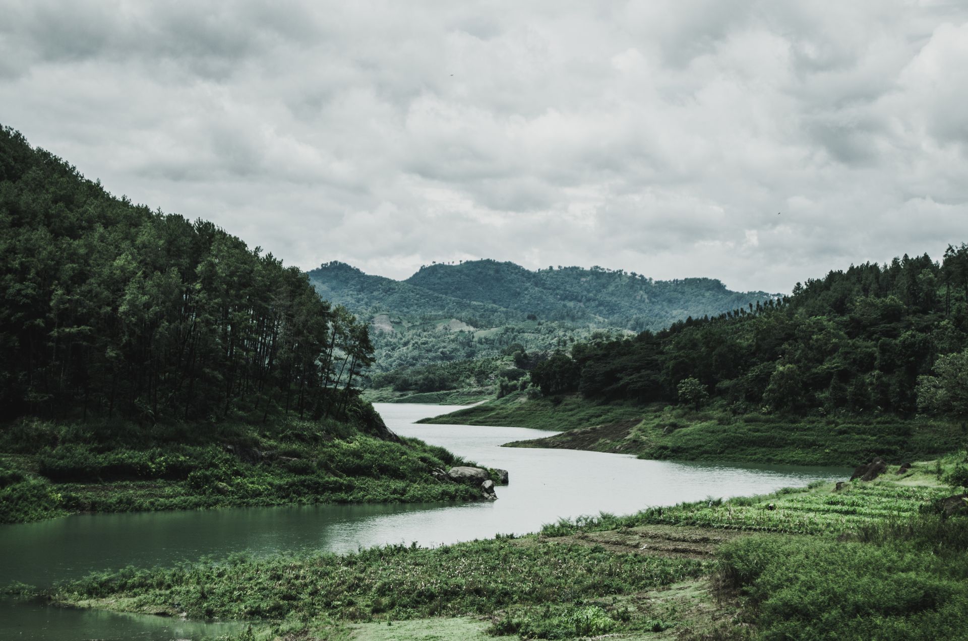 The green hills and river of the Congo basin in daylight