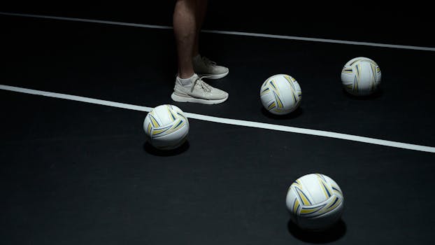 Person in sneakers with volleyballs on indoor court.