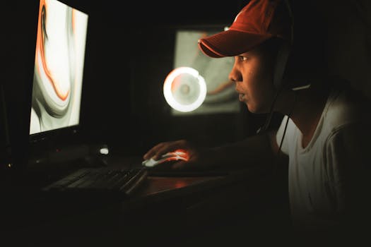 Young man gaming intensely in a dark room with neon lights, side view shot.