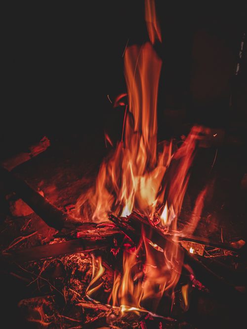 Free A mesmerizing view of blazing flames from a campfire, casting warmth and light in the dark. Stock Photo