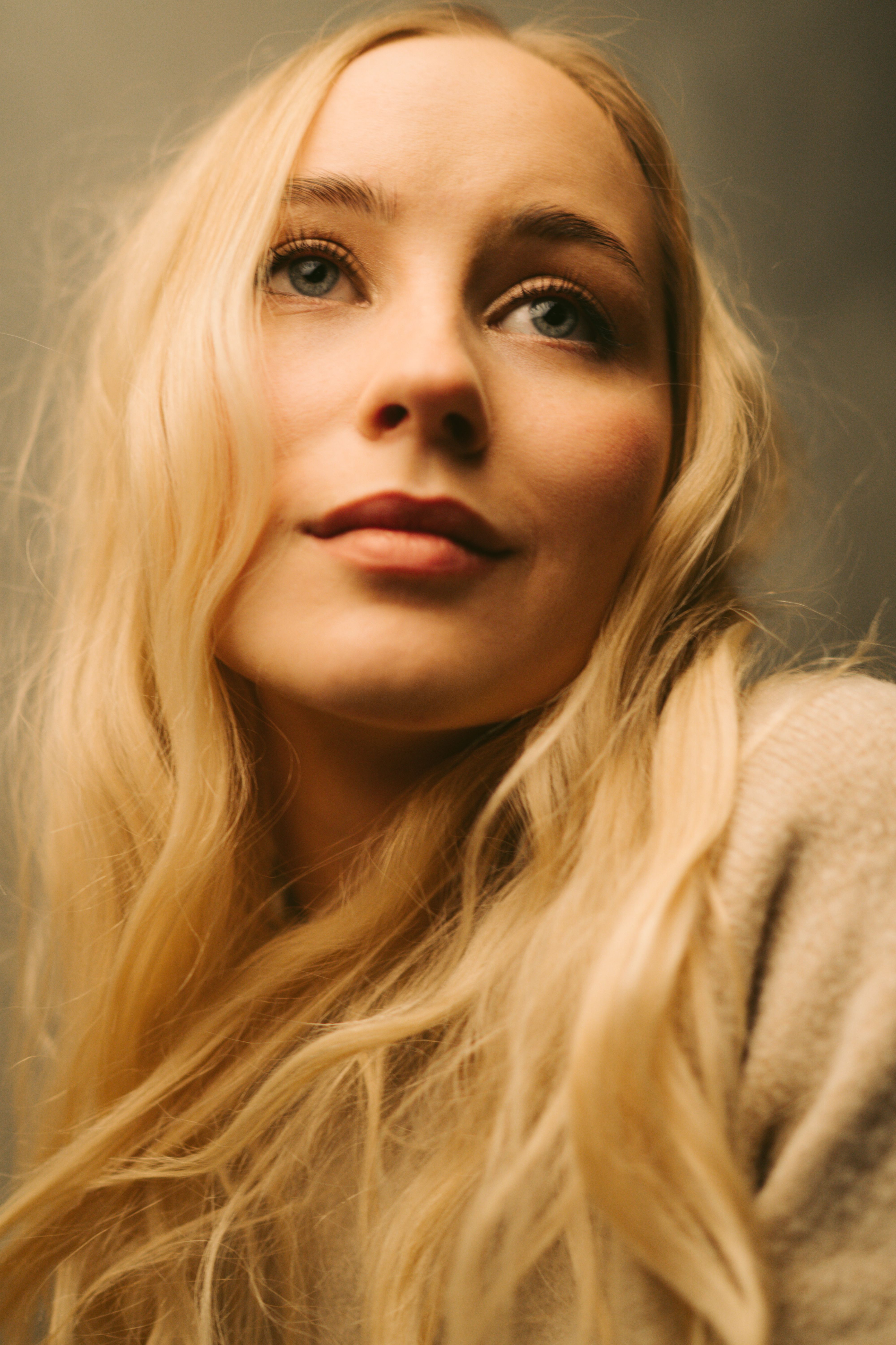Close-up portrait of a stylish blond woman in warm, muted lighting, capturing elegance and beauty.