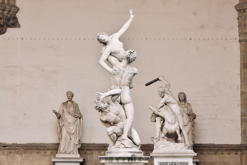 Intricate sculptures, including 'Rape of the Sabine Women' in Florence's Loggia dei Lanzi.