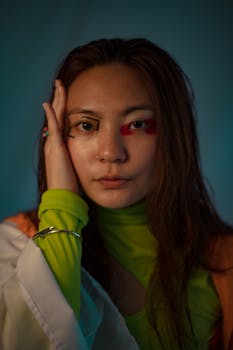 A striking portrait of a woman with colorful artistic makeup and a nose ring, conveying modern fashion trends.