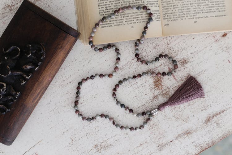 Necklace, Jewelry Box And Book On Table