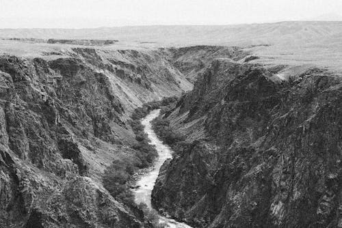 Grayscale Photo of River Between Mountains