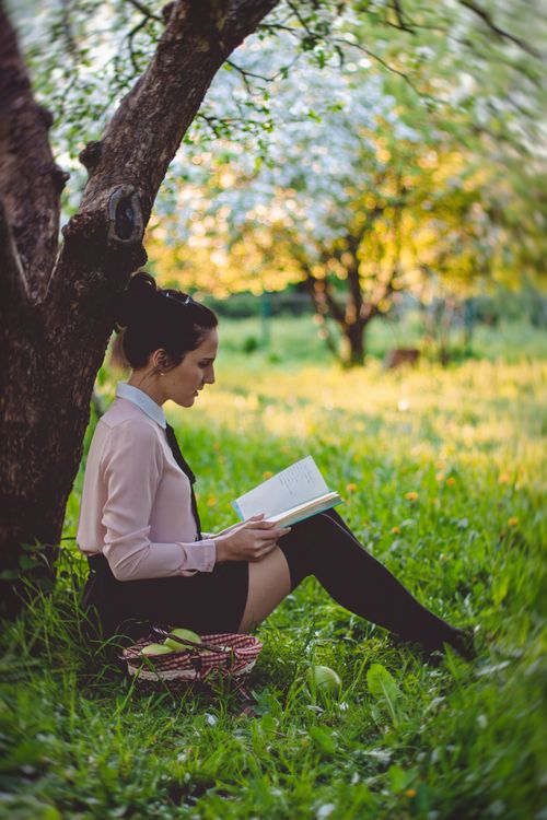 Free Young woman reading a book under a tree in a peaceful green park during spring. Stock Photo