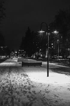 A quiet, snowy street illuminated by lampposts at night, creating a tranquil winter scene.