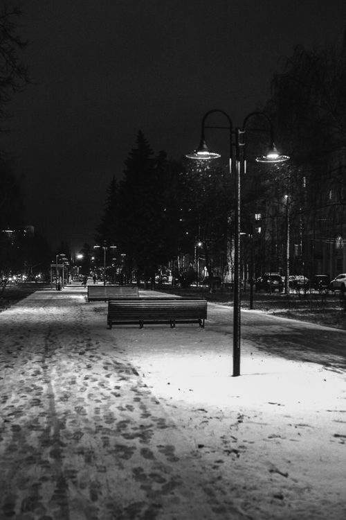 Free A quiet, snowy street illuminated by lampposts at night, creating a tranquil winter scene. Stock Photo
