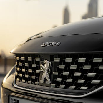 Detailed view of the Peugeot 508 front grille shot in Dubai at sunset.