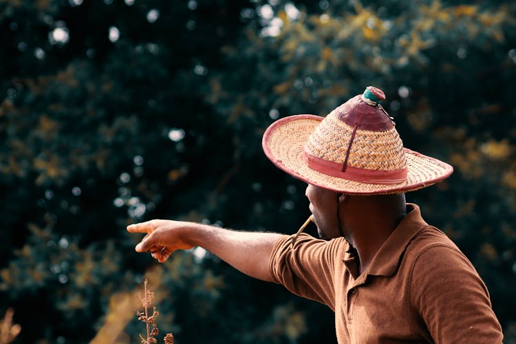 Man In Hat Pointing At Tree