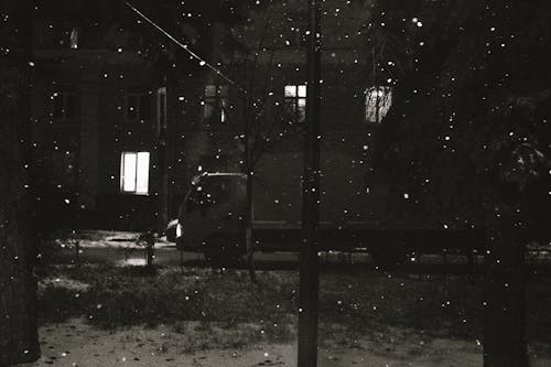 Grayscale Photo of a Truck Parked on the Street