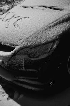 Close-up of a snow-covered car with a monochrome winter aesthetic.