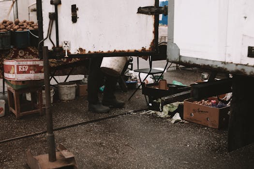 A rustic market setting with visible metal structures and assorted produce boxes.