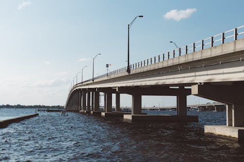 Brown Concrete Bridge Above Body of Water Under Blue Sky and White Clouds