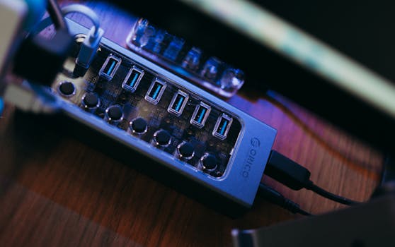 Close-up of a multi-port USB hub, showcasing modern technology connection setup.