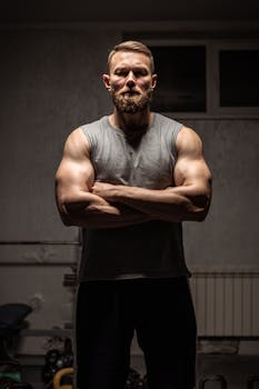 Strong bearded man in gym, showcasing muscles with arms crossed, under moody lighting.