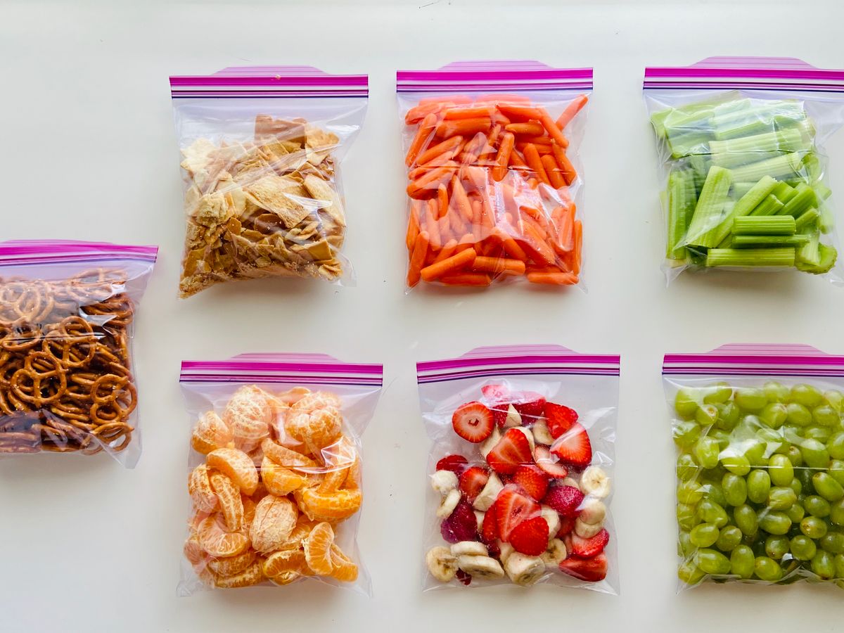 Portioned food sealed in bags, ready to freeze or refrigerate after a batch cooking session