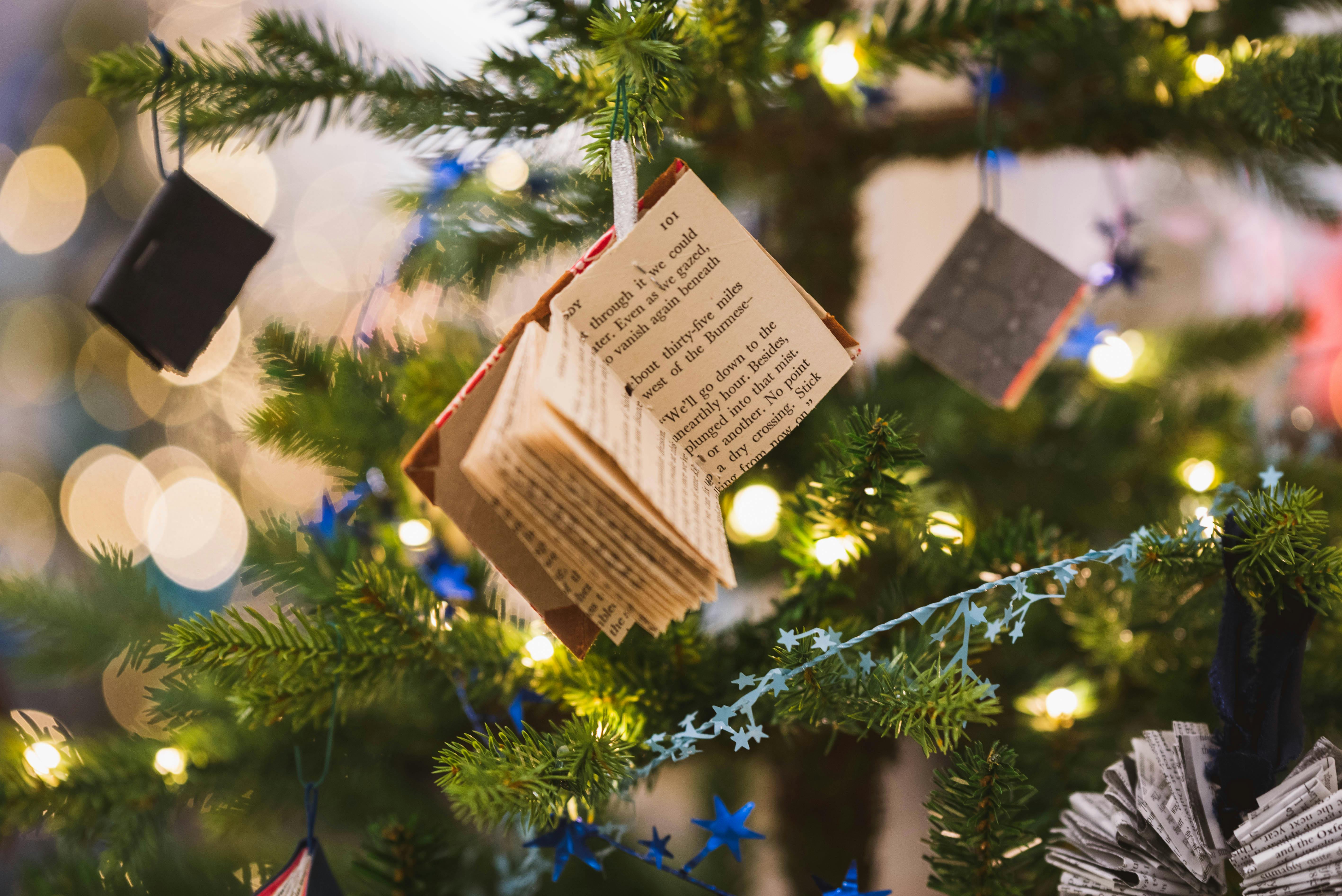 a tiny book hanging on green christmas tree