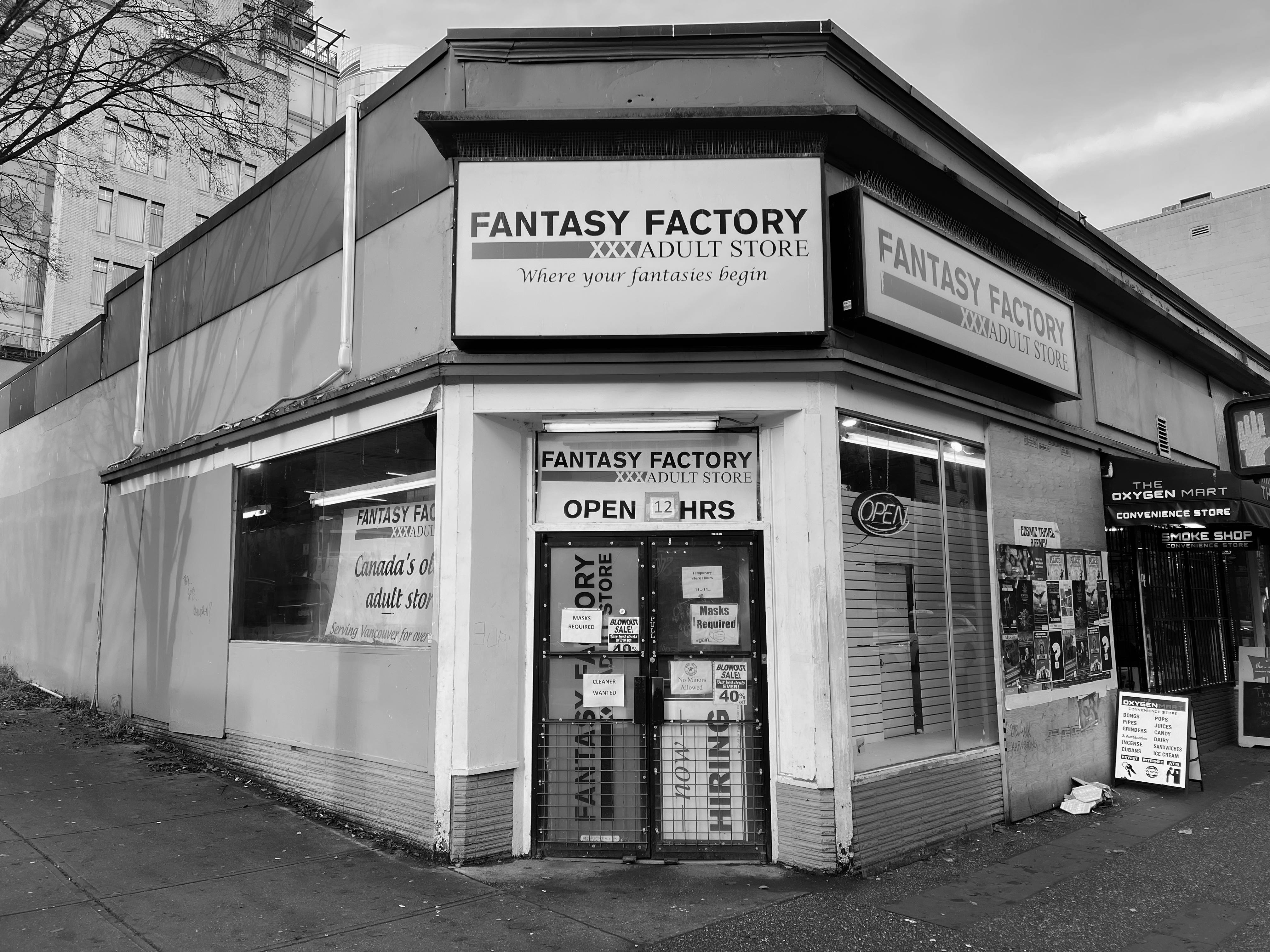 Free Monochrome photo of Vancouver's Fantasy Factory Adult Store showcasing urban architecture. Stock Photo