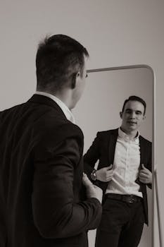 A man in formal attire adjusting his suit in front of a mirror, capturing his reflection.