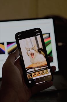 Smartphone held by hand showing a yawning cat image with a blurred monitor background.