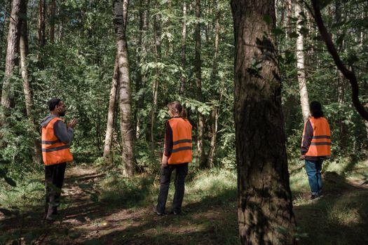 Three volunteers in orange safety vests search through a dense forest path during daylight.