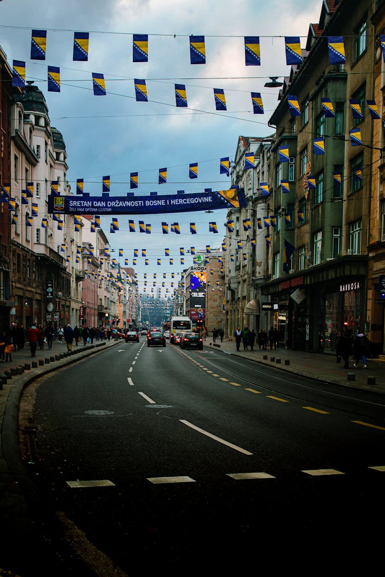 People Walking On Marshall Tito Street In Sarajevo, Bosnia And Herzegovina