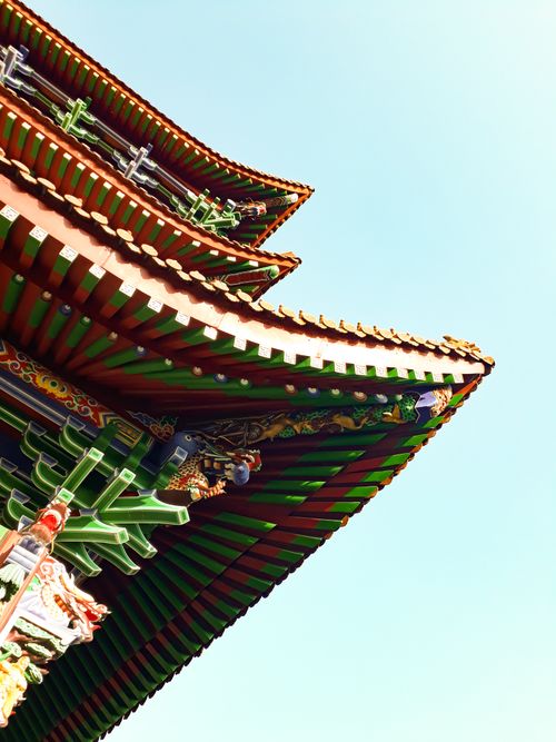 Free Close-up view of traditional Asian architecture with intricate eaves against a clear blue sky. Stock Photo