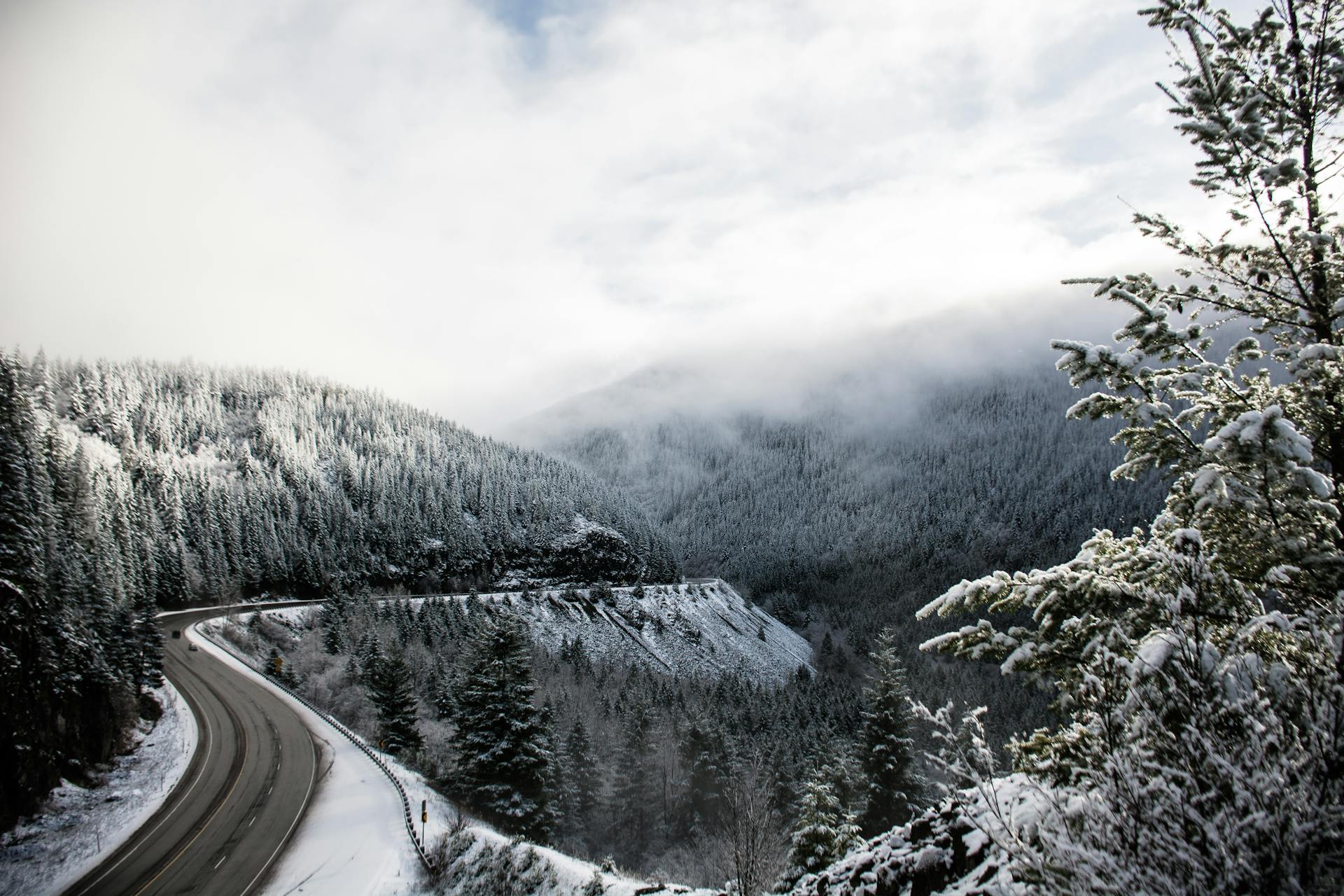 Breathtaking snowy mountain road in Oregon showcasing a serene winter landscape and evergreen trees.