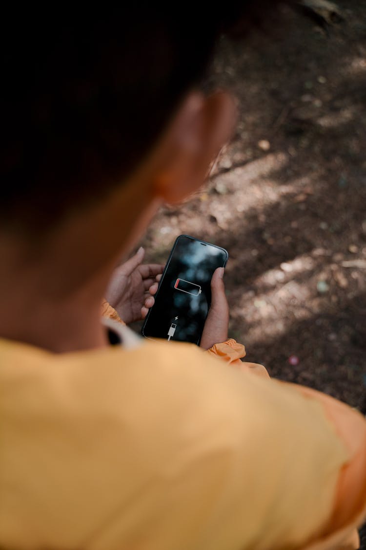 Teenage Boy Holding Smart Phone With Low Battery In Forest