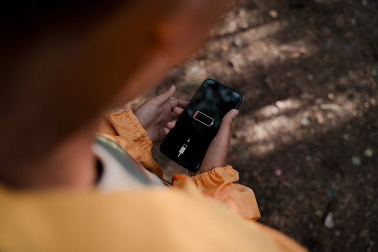 Teenage Boy Holding Smart Phone With Low Battery In Forest