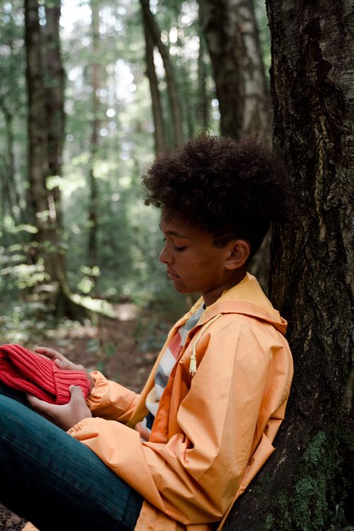 Free A boy sits quietly against a tree in a forest, holding a red hat. Stock Photo