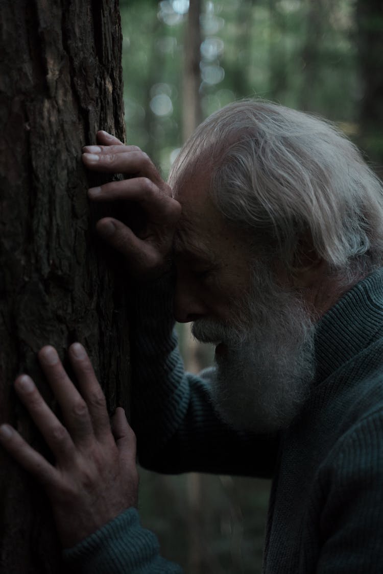 Profile Of Senior Man With White Beard Leaning Against Tree Trunk In Forest