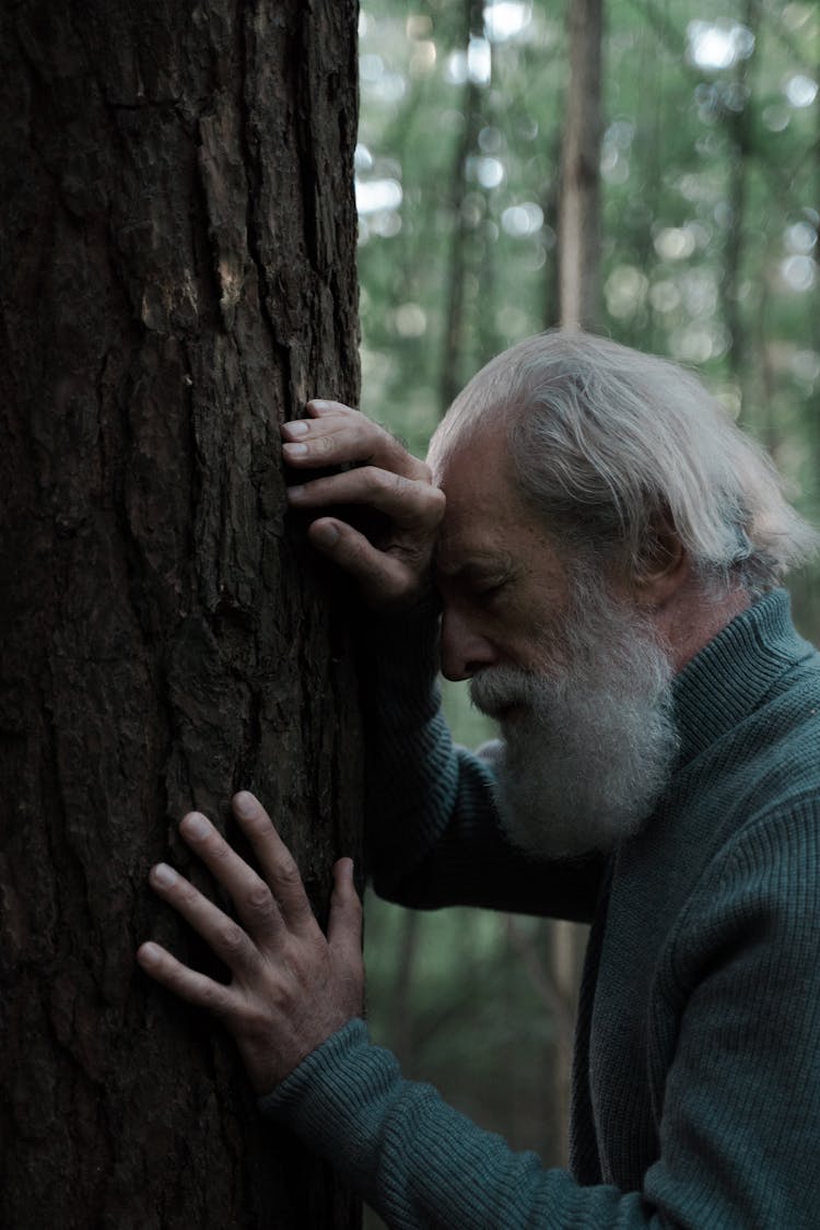 Sad Senior Man With White Beard Leaning Against Tree Trunk In Forest