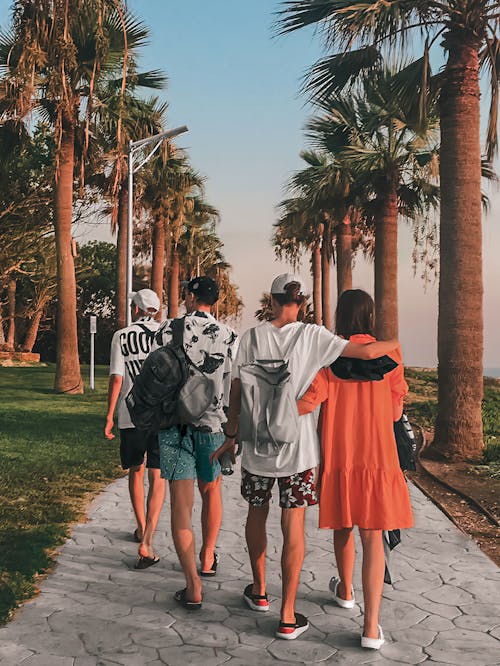 Group of Friends Walking Together on Paved Pathway Between Palm Trees