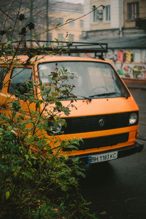 Free Retro orange van parked on a city street, partially obscured by foliage, with graffiti in the background. Stock Photo