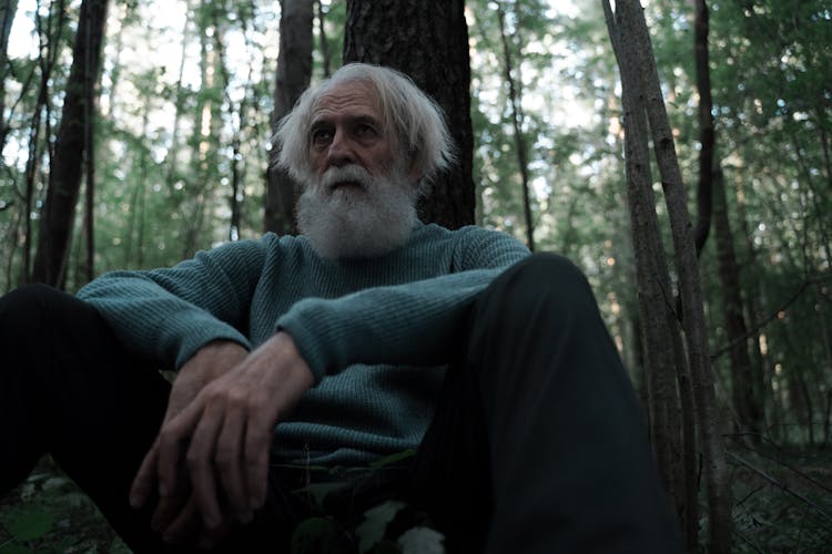 Scared Elderly Man Sitting Beside Tree Bark Lost In The Forest 