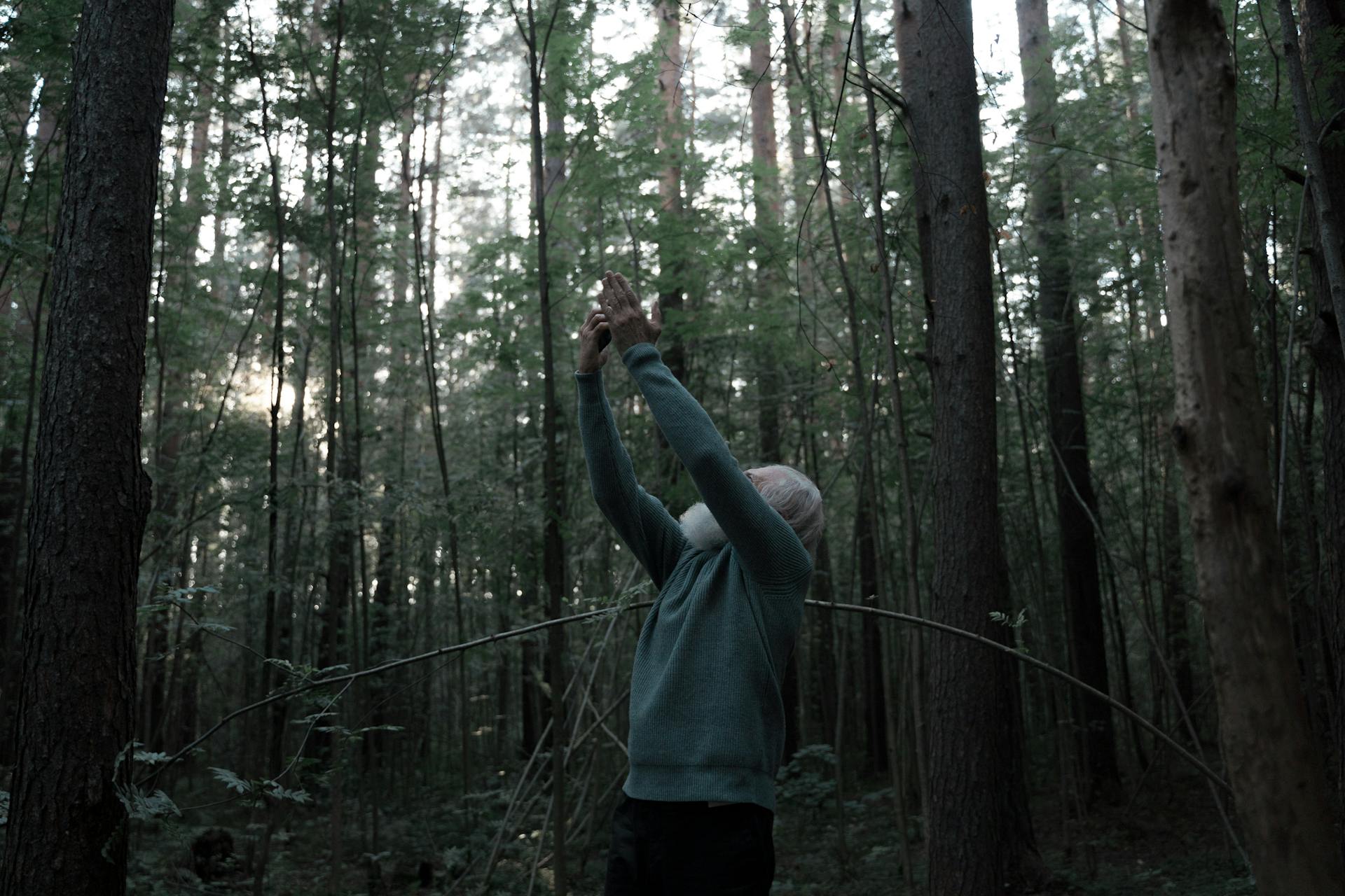 Senior Man with White Beard Searching for Smart Phone Signal in Forest