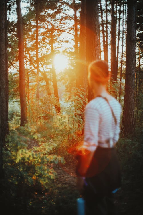 Woman in White and Black Striped Long Sleeve Shirt and Black Skirt Standing in Forest during