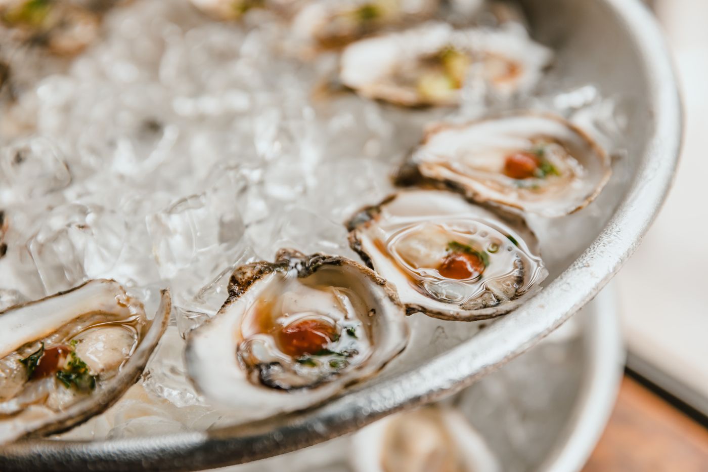 Freshly shucked Virginia-style oysters on crushed ice with mignonette, ready for a crisp white wine pairing